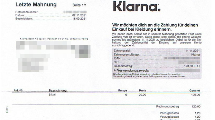 Klarna Rechnung - letzte Mahnung